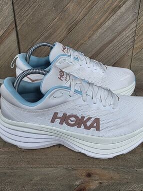 Hoka One One Bondi 8 Womens Athletic Running Shoes Size 9 B Frost Rose Gold.